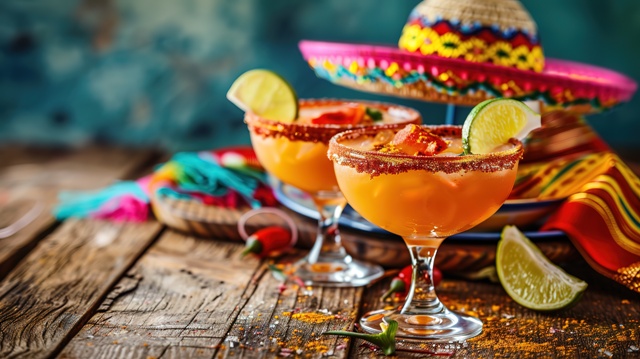 Attractive A colorful mexican table with a mexican flag behind it